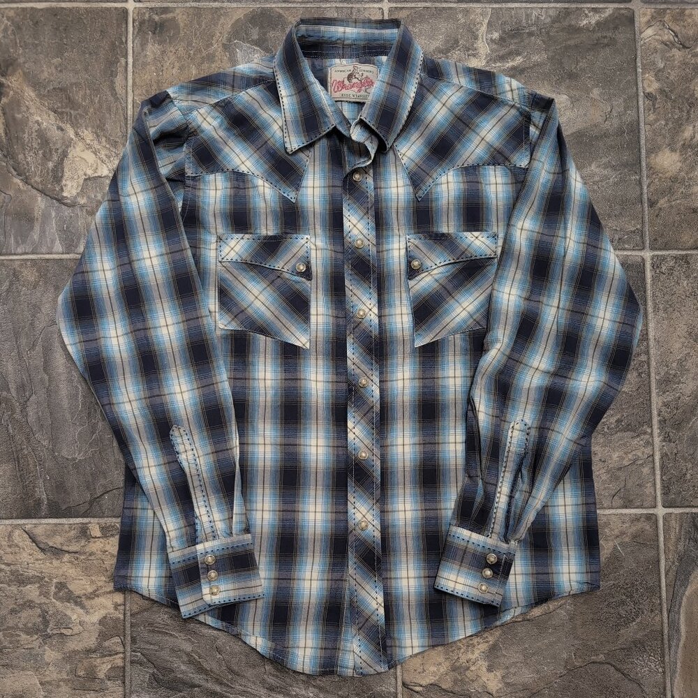 WRANGLER Vintage 90s Western Pearl Snap Plaid Shirt,Blue Green Brown, M